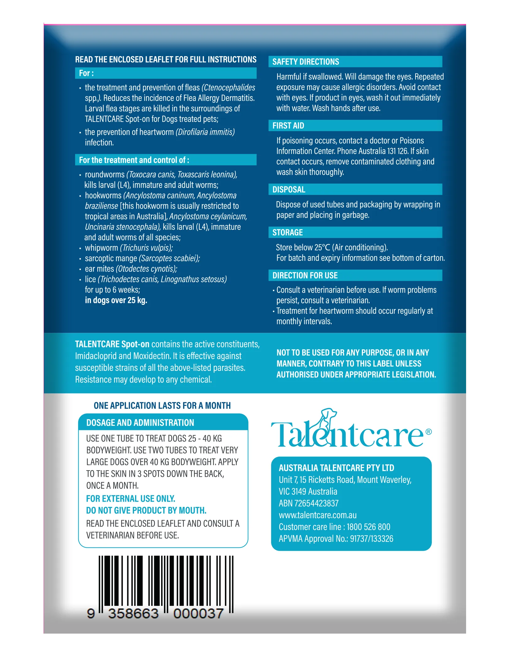 Talentcare® Spot-on for Dogs over 25 kg (3 PACK) EXPIRES MAY 2025