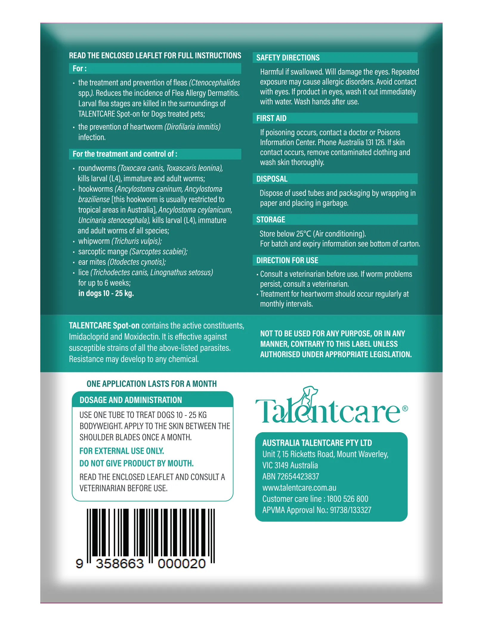 Talentcare® Spot-on for Dogs 10 – 25 kg (3 PACK) EXPIRES MAY 2025