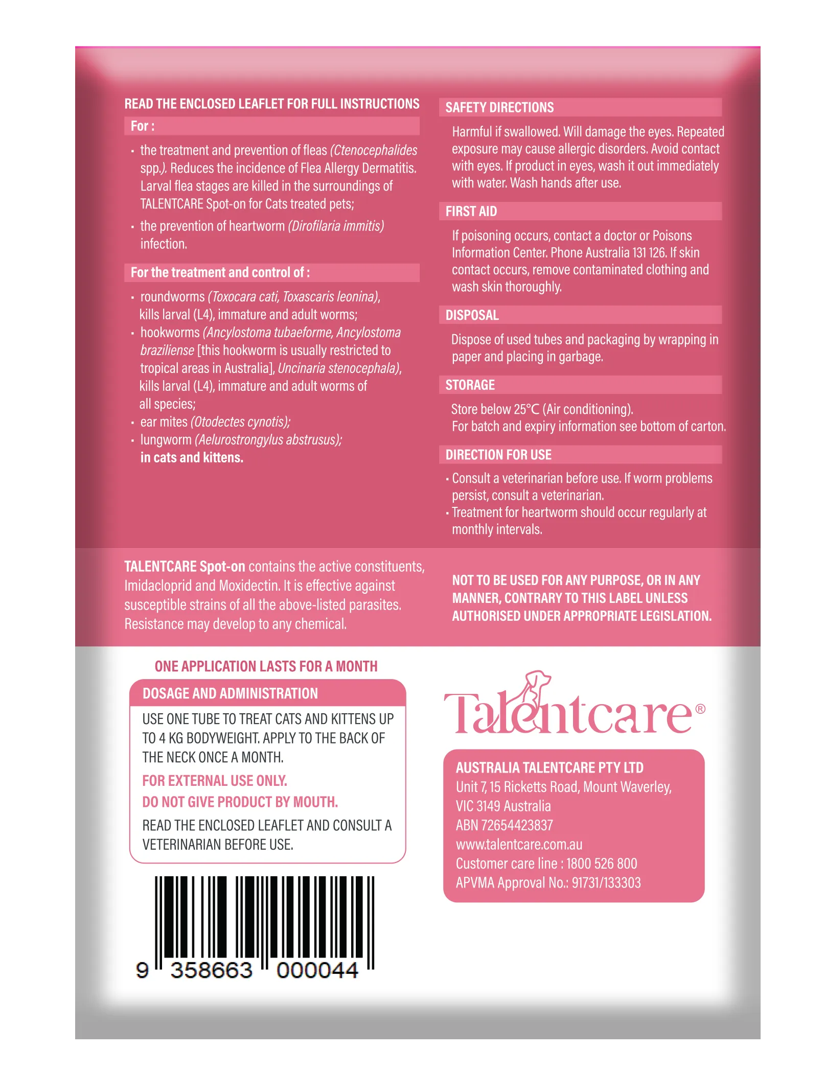 Talentcare® Spot-on for Kittens and Small Cats up to 4 kg (3 PACK)