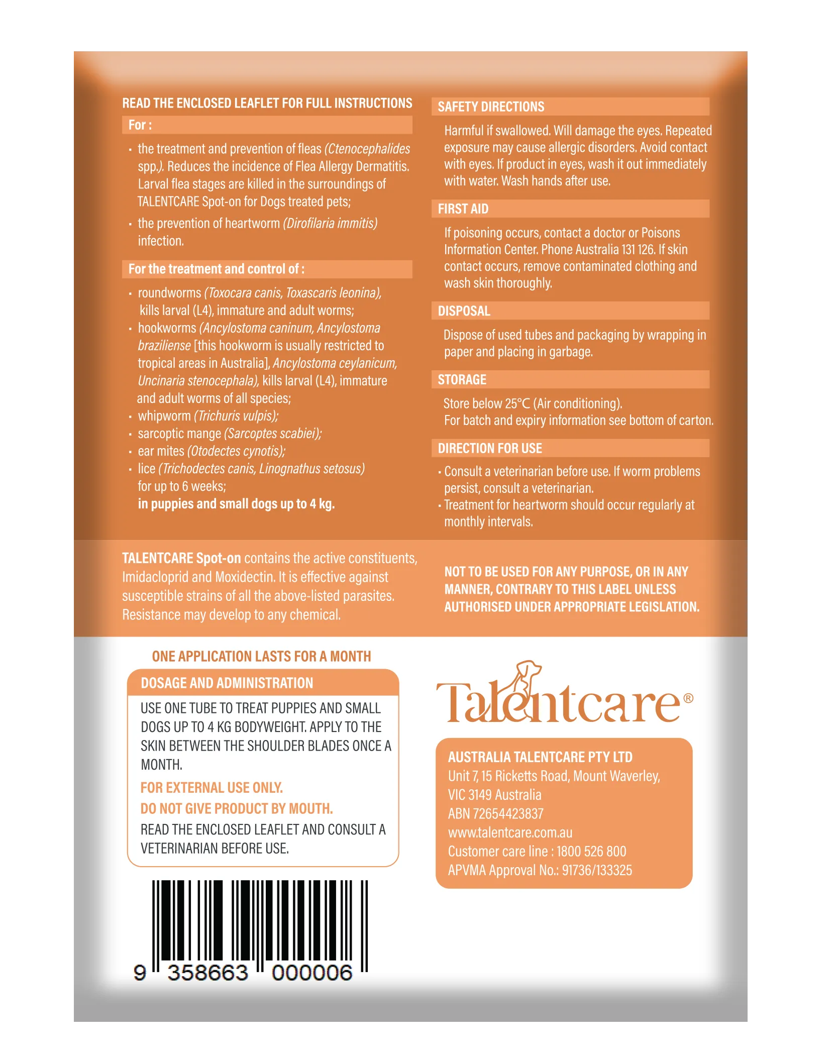 Talentcare® Spot-on for Puppies and Small Dogs up to 4 kg (3 PACK)