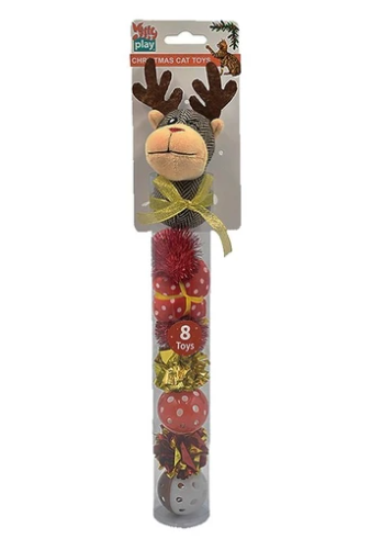 Kitty Play Christmas Cat Toy Reindeer Canister Interactive Play 36cm 8 Pack