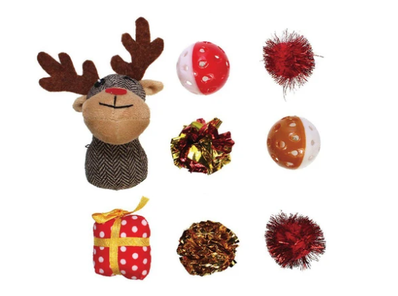 Kitty Play Christmas Cat Toy Reindeer Canister Interactive Play 36cm 8 Pack